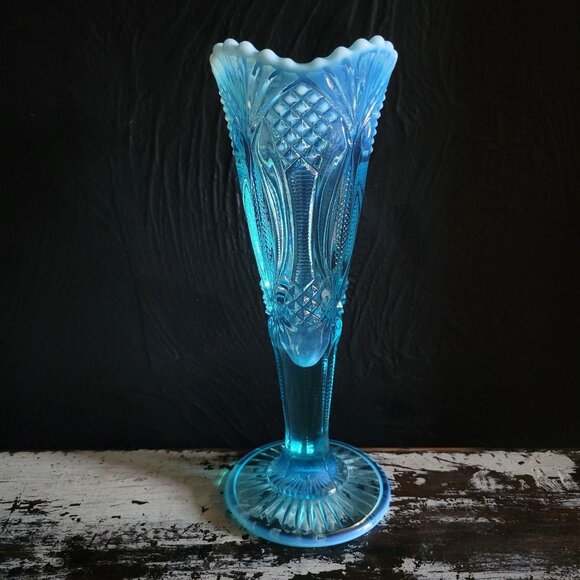 Vintage Mosser Aqua Opalescent Glass Diamond Pattern Vase Vtg Blue Glass Vase